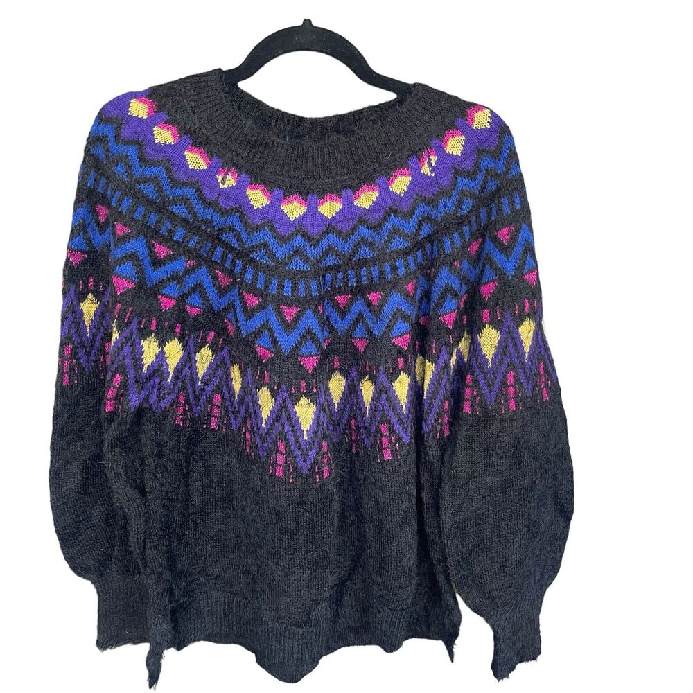Time and Tru Sweater Womens Large Black Eyelash Fair Isle Side Slit Long Sleeve